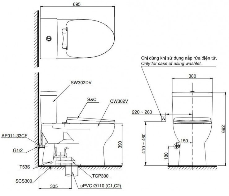 Bản vẽ kích thước bồn cầu CS302D W18 TOTO 220V