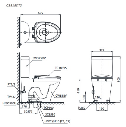 Bản vẽ bồn cầu TOTO CS818DT3 thùng nước S8180