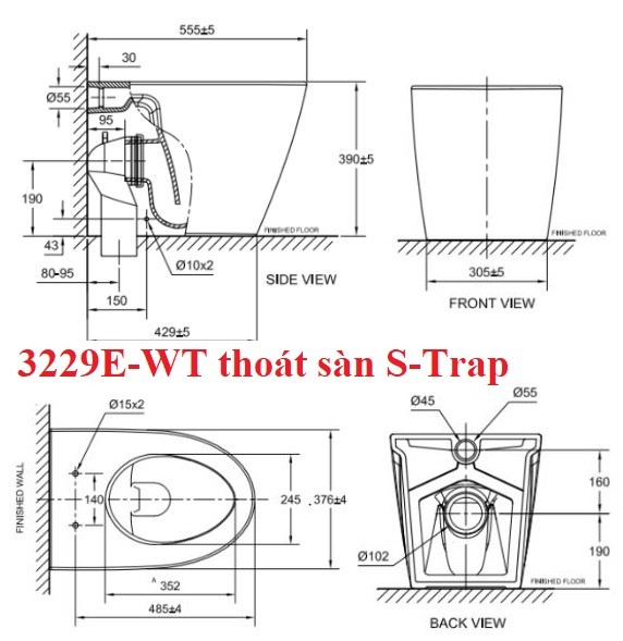 Bản vẽ bàn cầu American Standard 3229E WT đặt sàn thoát sàn