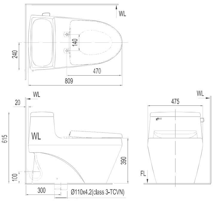 Bản vẽ bồn cầu Inax AC-1035VN - Xí bệt bàn cầu vệ sinh 1 khối
