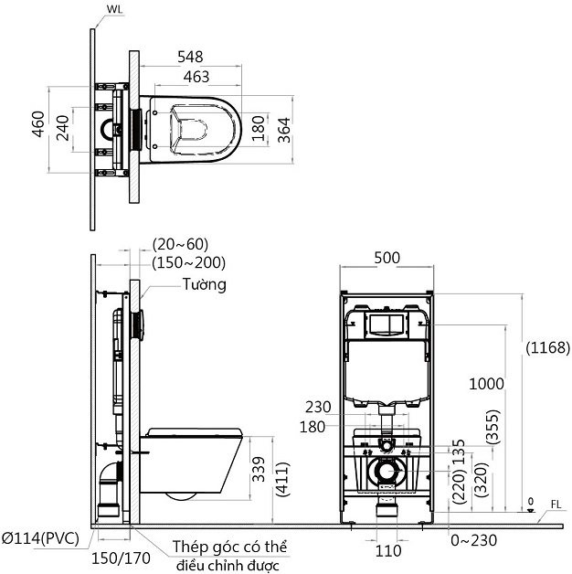 Bản vẽ kích thước bồn cầu âm tường Caesar CPT1505
