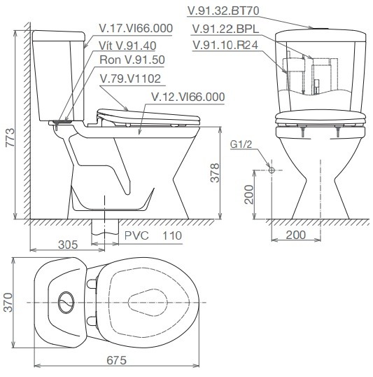 Bản vẽ bệ xí bệt VI66 Viglacera 2 khối