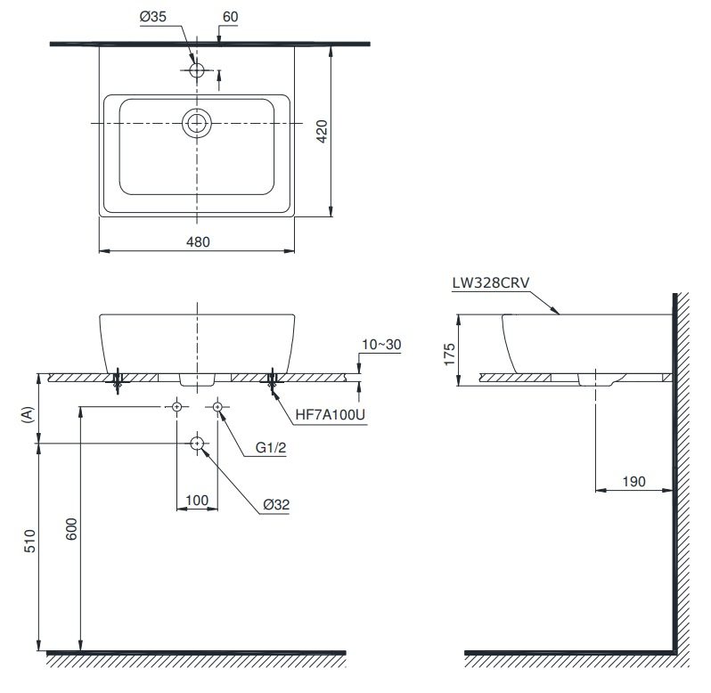 Bản vẽ bồn rửa mặt TOTO LT328CTR đặt bàn