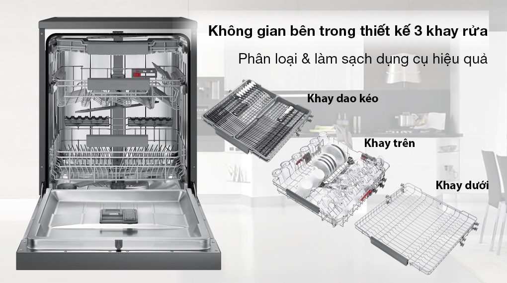 Máy rửa chén độc lập Samsung DW60CG550FSGSV - Không gian bên trong gồm có 3 khay rửa giúp rửa dụng cụ hiệu quả