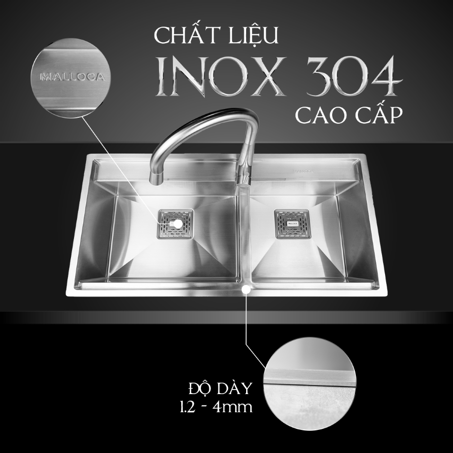 chất liệu inox 304 - Chậu rửa chén Malloca MS6304ST